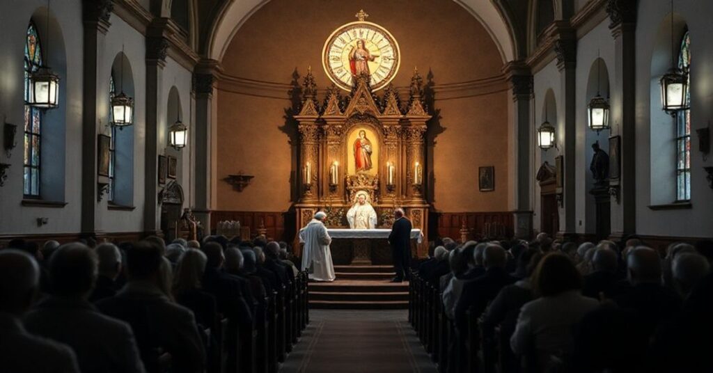 Wnętrze kościoła w Toruniu podczas kontrowersyjnego poświęcenia z udziałem modernistycznych hierarchów.