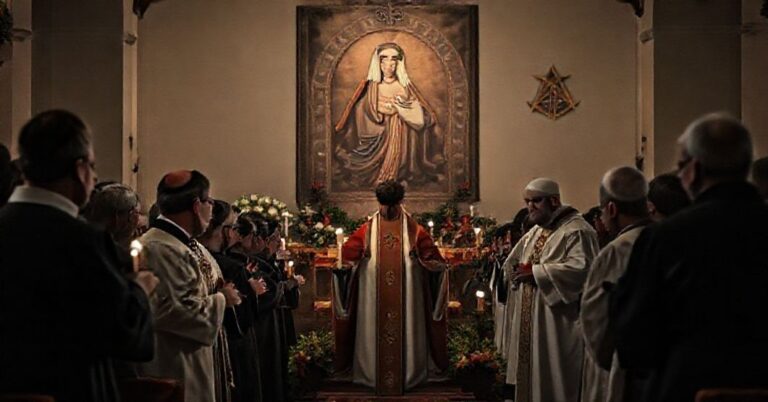 Zdjęcie przedstawiające 75-lecie parafii pw. św. Józefa w Toruniu z udziałem pseudoduszpasterzy redemptorystów i modernistycznych ceremonii.