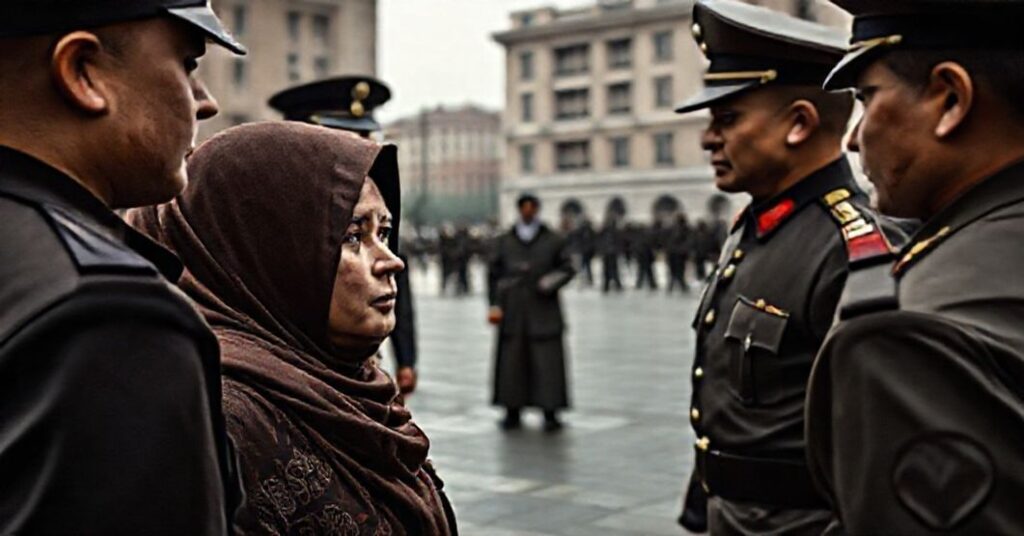 Kobieta w tradycyjnym hidżabie jest konfrontowana przez urzędników rządowych w Azji Centralnej, co symbolizuje totalitarne kontrole nad wyglądem kobiet.