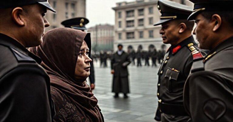 Kobieta w tradycyjnym hidżabie jest konfrontowana przez urzędników rządowych w Azji Centralnej, co symbolizuje totalitarne kontrole nad wyglądem kobiet.