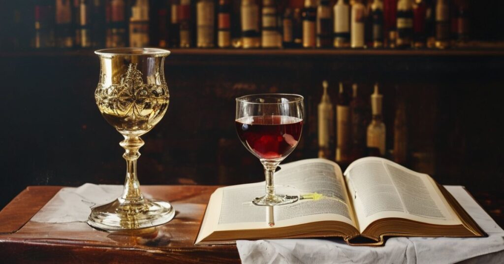 Tradycyjna msza katolicka z kielichem konsekrowanym w tle modernistyczna książka o winie