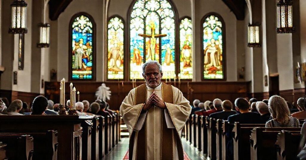 Wnętrze tradycyjnego kościoła katolickiego z kapłanem modlącym się u ołtarza i wierzącymi kleczącymi w tle.