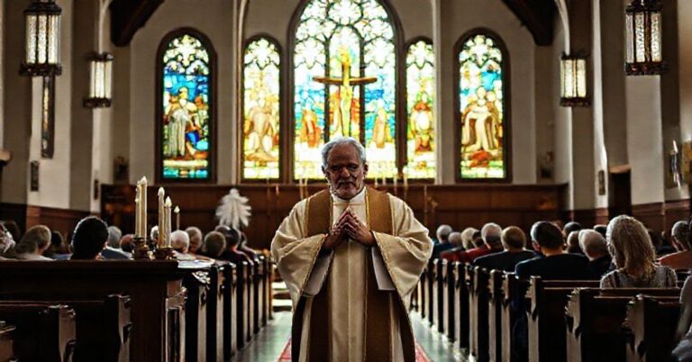 Wnętrze tradycyjnego kościoła katolickiego z kapłanem modlącym się u ołtarza i wierzącymi kleczącymi w tle.