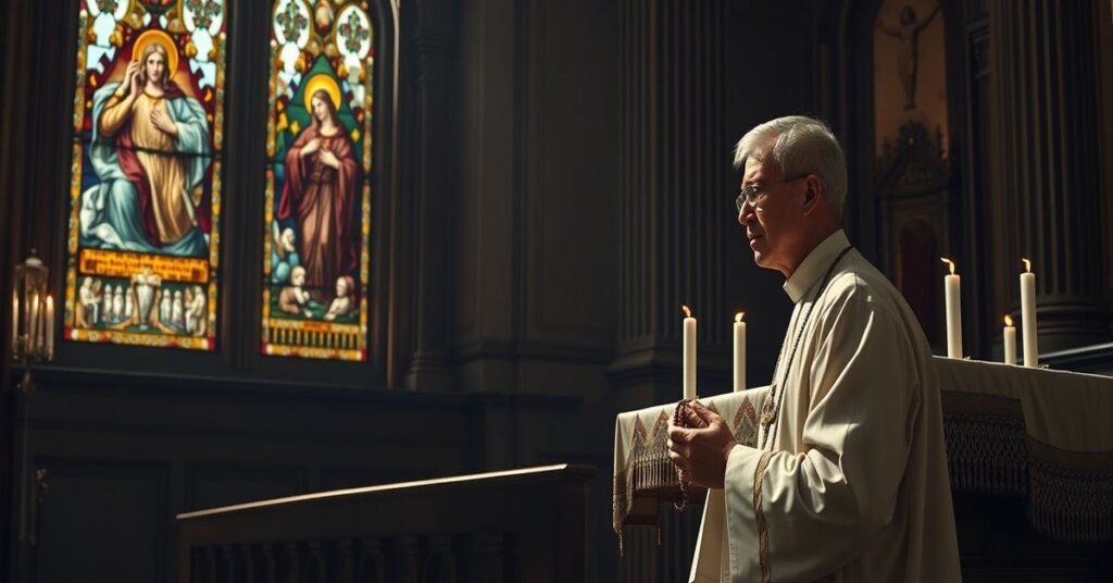 Tradycyjny kapłan i młodzież w modlitwie w kościele z witrażami przedstawiającymi Mękę Pańską