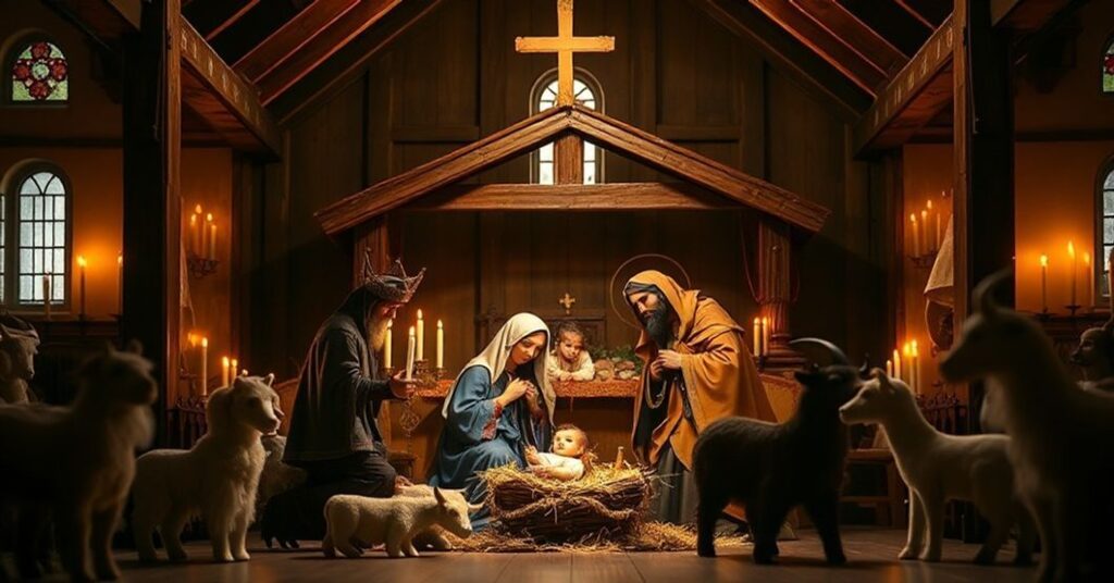 Tradycyjna szopka bożonarodzeniowa w kościele z Najświętszą Rodziną w centrum: Dzieciątko Jezus w żłobku, Najświętsza Maryja Panna i Święty Józef w modlitwie. Otaczający pastorzy i zwierzęta w prostym stajennym otoczeniu, wywoływane pokora i zachwyt. Scena jest oświetlona ciepłym naturalnym światłem z delikatnymi cieniami.