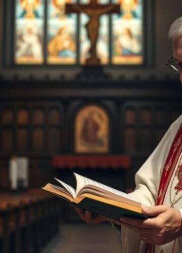 Tradycyjna scena katolicka ukazująca kapłana w modlitwie Ołtarz w tradycyjnym kościele katolickim z kapłanem w modlitwie, ukazujący głęboką pobożność i skupienie na prawdziwej nauce Kościoła