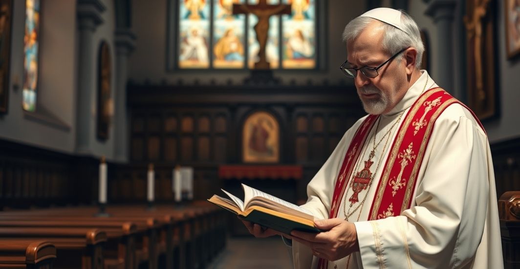 Ołtarz w tradycyjnym kościele katolickim z kapłanem w modlitwie, ukazujący głęboką pobożność i skupienie na prawdziwej nauce Kościoła