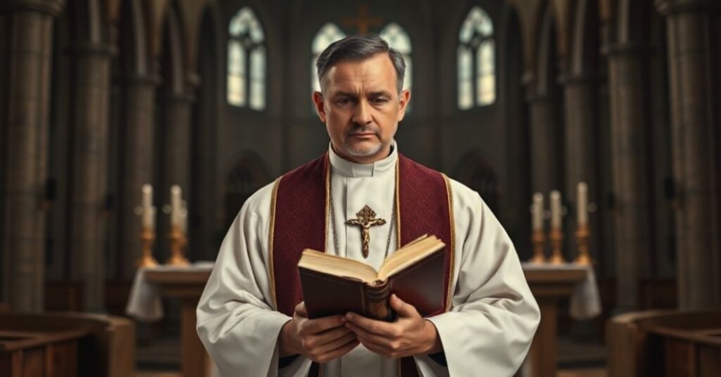 Sobór Tridentyński - tradycyjny rzymski kapłan w stroju liturgicznym modlący się przed pustym ołtarzem w starożytnej bazylice