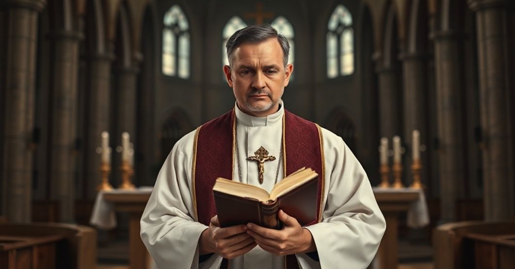 Sobór Tridentyński - tradycyjny rzymski kapłan w stroju liturgicznym modlący się przed pustym ołtarzem w starożytnej bazylice