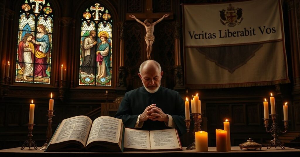 Prawość tradycyjnego kapłana katolickiego modlącego się przed starym ołtarzem z dokumentami genealogii rodziny Prevostów.