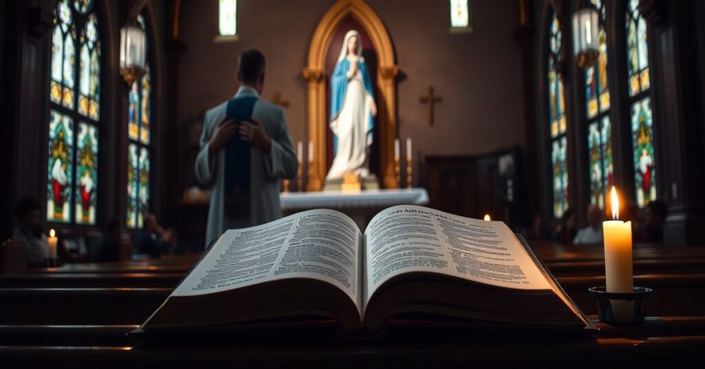 Wnętrze tradycyjnego kościoła katolickiego z kapłanem modlącym się przy ołtarzu i rzeźbą Maryi jako Współodkupicielki