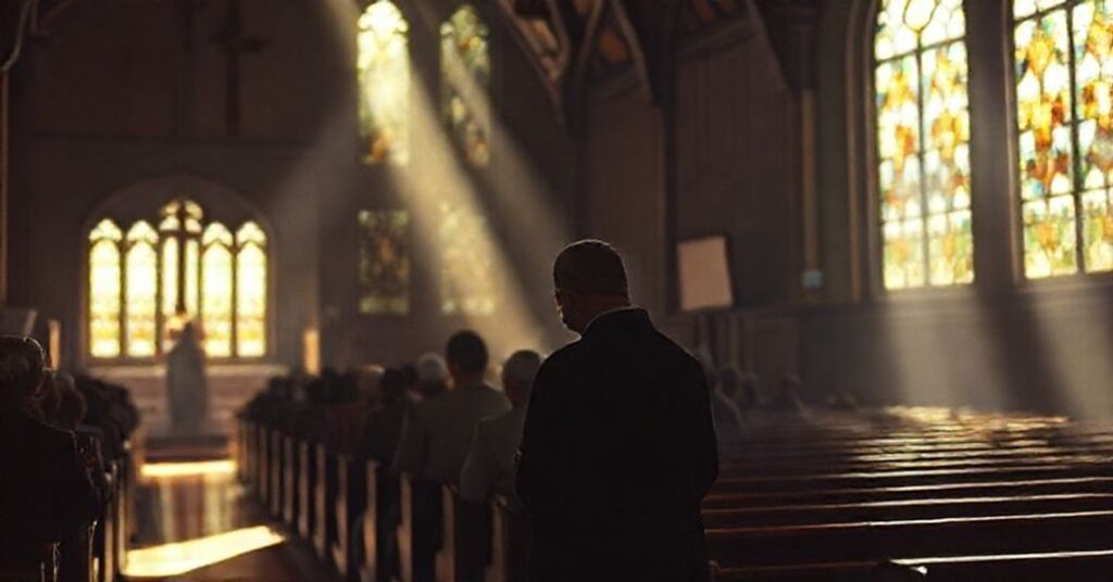 Wnętrze tradycyjnego kościoła katolickiego z wiernymi modlitwą