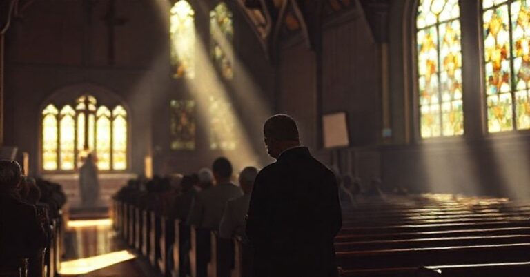 Wnętrze tradycyjnego kościoła katolickiego z wiernymi modlitwą