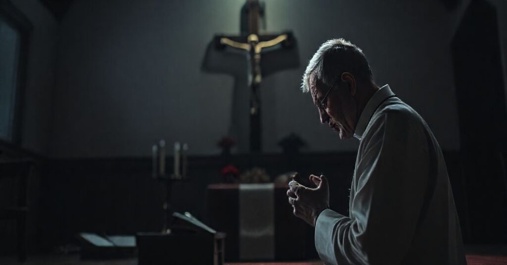 Tradycyjny ksiądz modli się przed krucyfiksem w ciemnym pokoju, wyrażając głęboki smutek i złożoność.