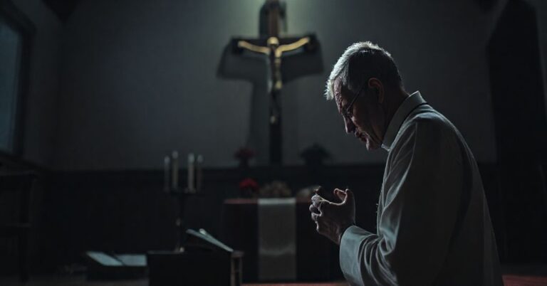 Tradycyjny ksiądz modli się przed krucyfiksem w ciemnym pokoju, wyrażając głęboki smutek i złożoność.