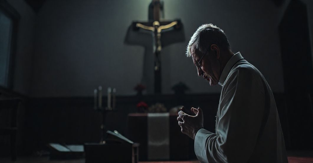 Tradycyjny ksiądz modli się przed krucyfiksem w ciemnym pokoju, wyrażając głęboki smutek i złożoność.