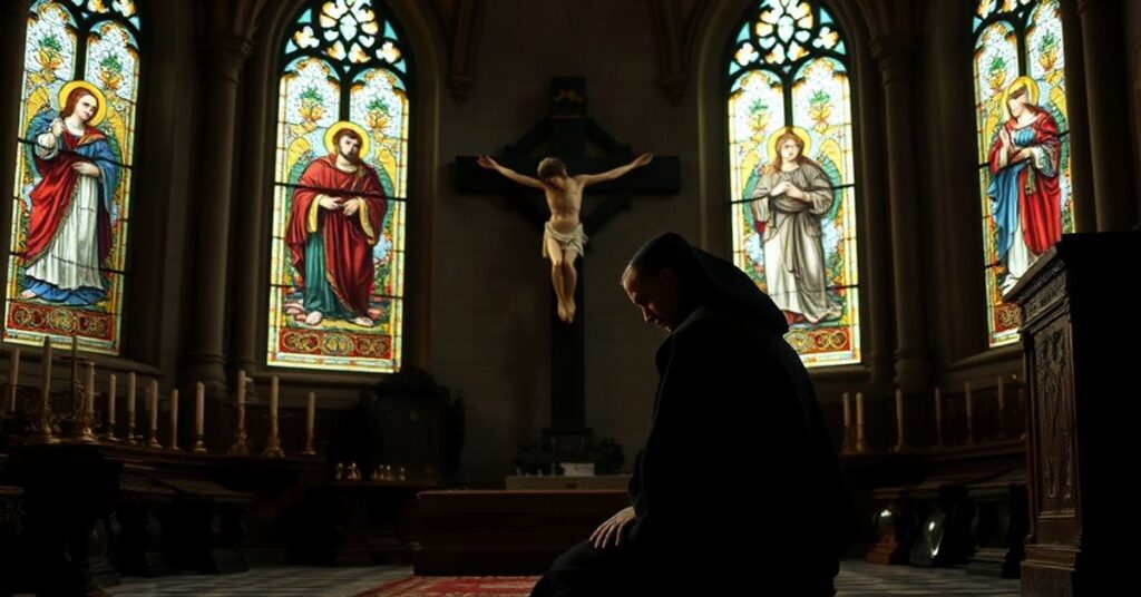 Traditionalny mnich w ciemnych habitach modli się przed krzyżem w kaplicy z gotycką architekturą i witrażami.