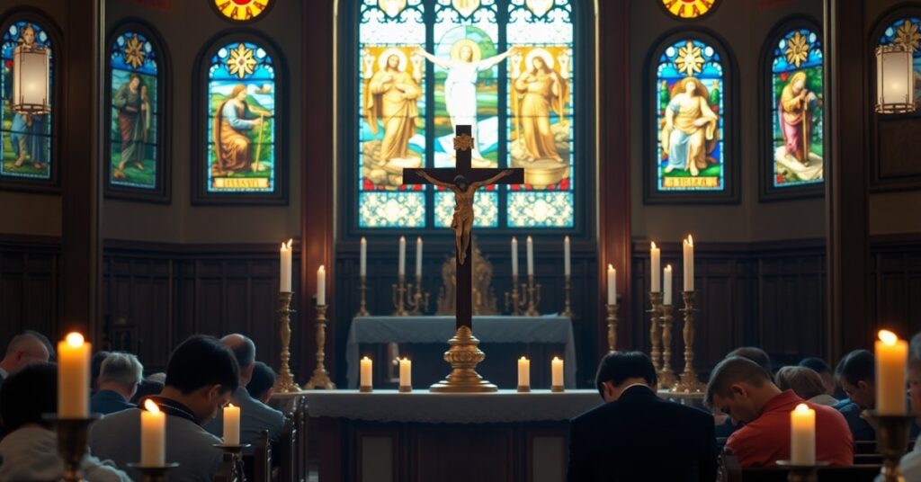 Tradycyjny ołtarz katolicki z krzyżem w centrum, otoczony świecami i przedmiotami religijnymi. W tle, grupa wiernych modląca się na kolanach, ich twarze pełne kontemplacji. Scena oświetlona łagodnym światłem naturalnym przechodzącym przez witraże przedstawiające sceny z Męki Pańskiej.