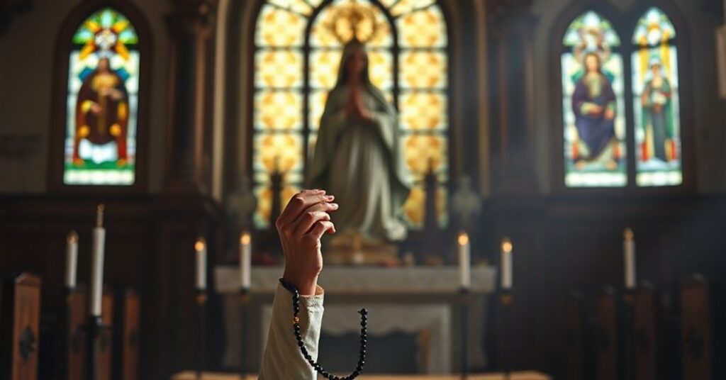 Pobożna osoba modli się różaniec w tradycyjnym kościele katolickim, w otoczeniu ikon i świec przed rzeźbą Matki Boskiej z Dzieciątkiem