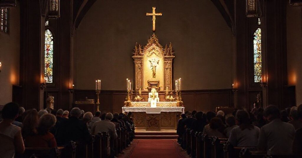 Wnętrze kościoła katolickiego z tradycyjnym ołtarzem i monstrancją w tle. Wierni modlący się w skupieniu przed Najświętszym Sakramentem.