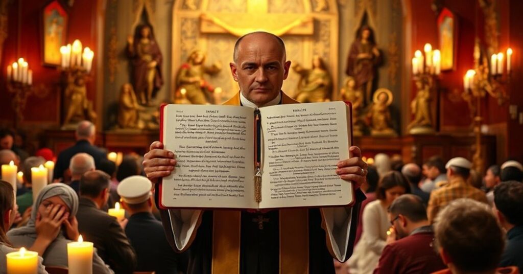 Sobotnia scena adwentowa w tradycyjnej kaplicy z księdzem trzymającym Biblię i modlącymi się wiernymi