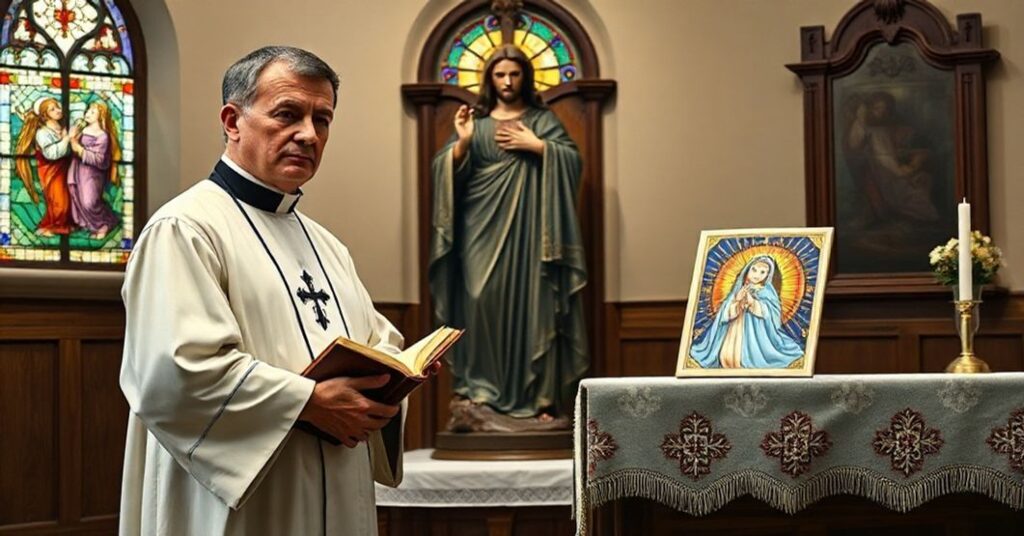 Poważny kapłan w prekoncyliarnych szatach liturgicznych stoi przed starym posągiem Najświętszego Serca Pana Jezusa w skromnej kaplicy. Na bocznym ołtarzu widnieje nowoczesna i sentymentalna reprezentacja fałszywego kultu Miłosierdzia Bożego.