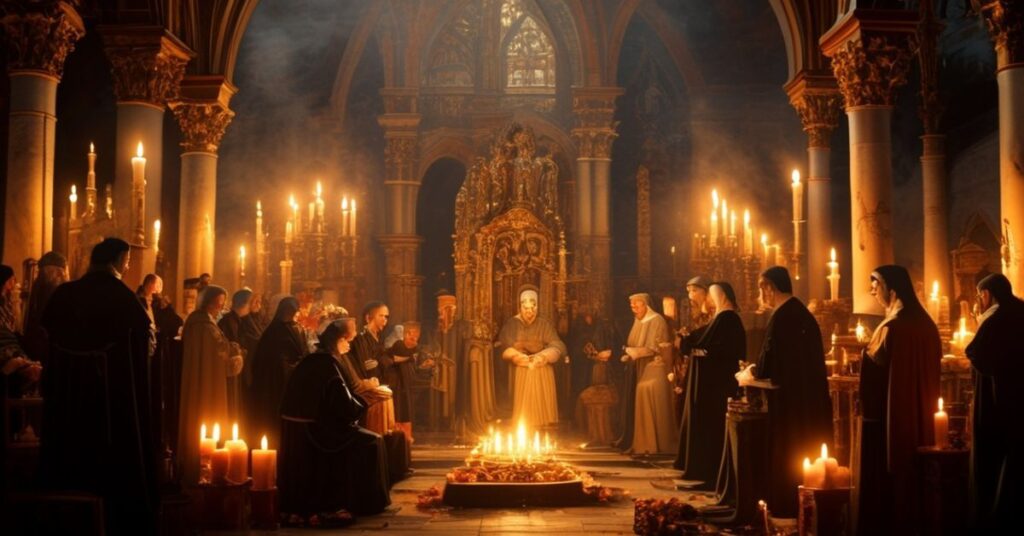 Sobór katolickiej kaplicy z konsekrowanymi dziewicami i wdowami w modlitwie pod przewodnictwem księży tradycjonalistycznych.