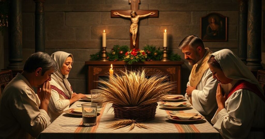 Tradycyjna katolicka Wigilia z rodzinnym posiłkiem, snopem zboża i modlitwą nad opłatkiem