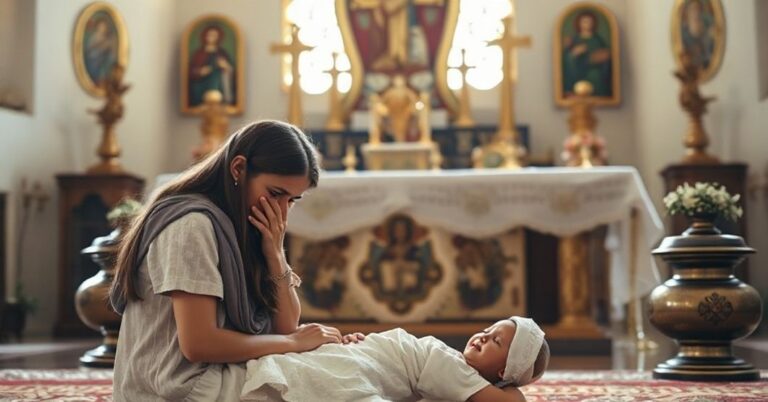 Młoda matka modląca się przed ołtarzem w tradycyjnym kościele katolickim z noworodkiem obok