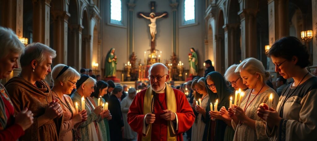 Grupa katolików modląca się różańcem w tradycyjnym kościele, pod przewodnictwem księdza w liturgicznych szatach.