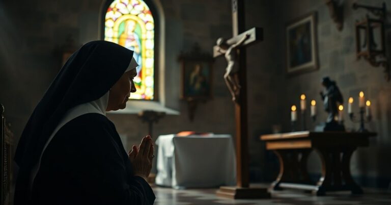 Sobiężliwa żona w tradycyjnym habitcie modląca się przed krzyżem w kościele