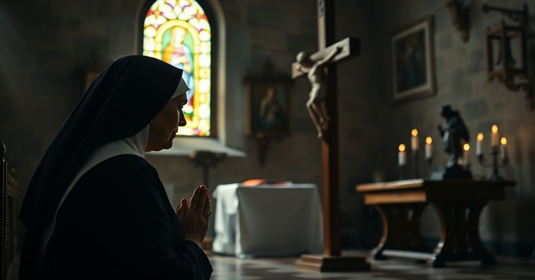 Tradycyjne modlitwy w katolickim kościele Sobiężliwa żona w tradycyjnym habitcie modląca się przed krzyżem w kościele