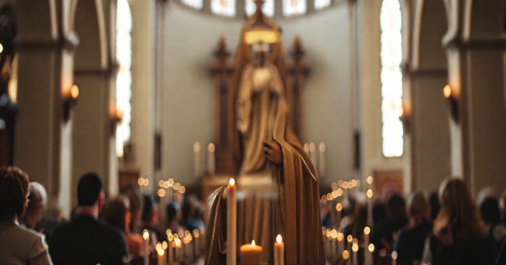 Wnętrze kościoła z tradycyjną rzeźbą świętego i modlącymi się ludźmi - symbolizuje wiarę i niebezpieczeństwo modernizmu.