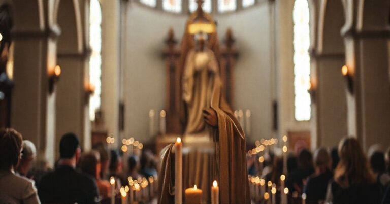 Wnętrze kościoła z tradycyjną rzeźbą świętego i modlącymi się ludźmi - symbolizuje wiarę i niebezpieczeństwo modernizmu.