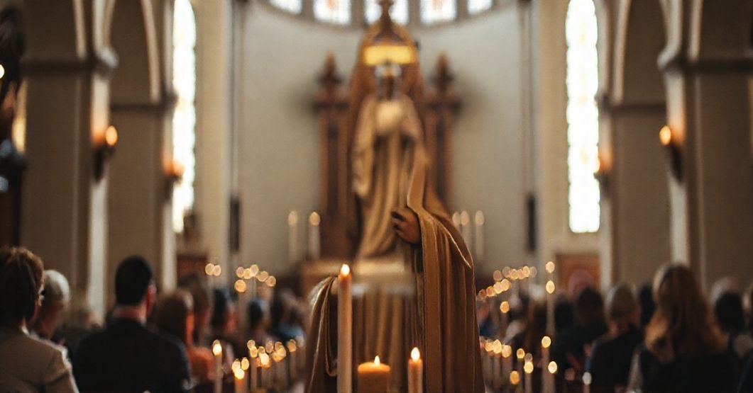 Wnętrze kościoła z tradycyjną rzeźbą świętego i modlącymi się ludźmi - symbolizuje wiarę i niebezpieczeństwo modernizmu.