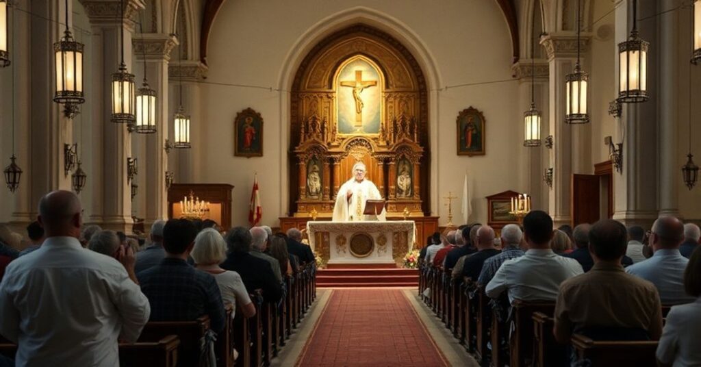Tradycyjna msza w kościele katolickim z księdzem w stroju liturgicznym i oddanymi wiernymi