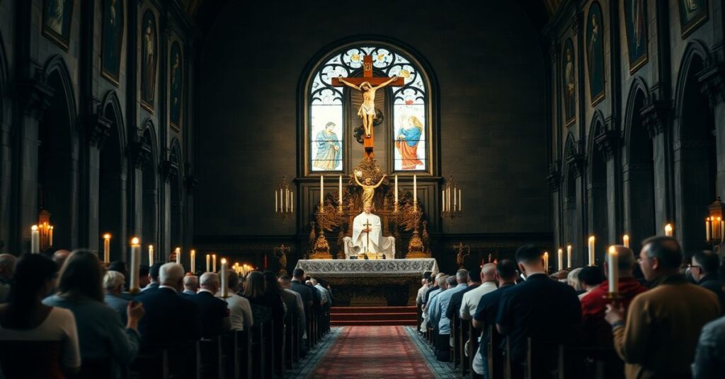 Tradycyjna msza św. w polskiej katedrze z grupą wiernych modlących się za prawdziwym pokojem w Królestwie Chrystusa.