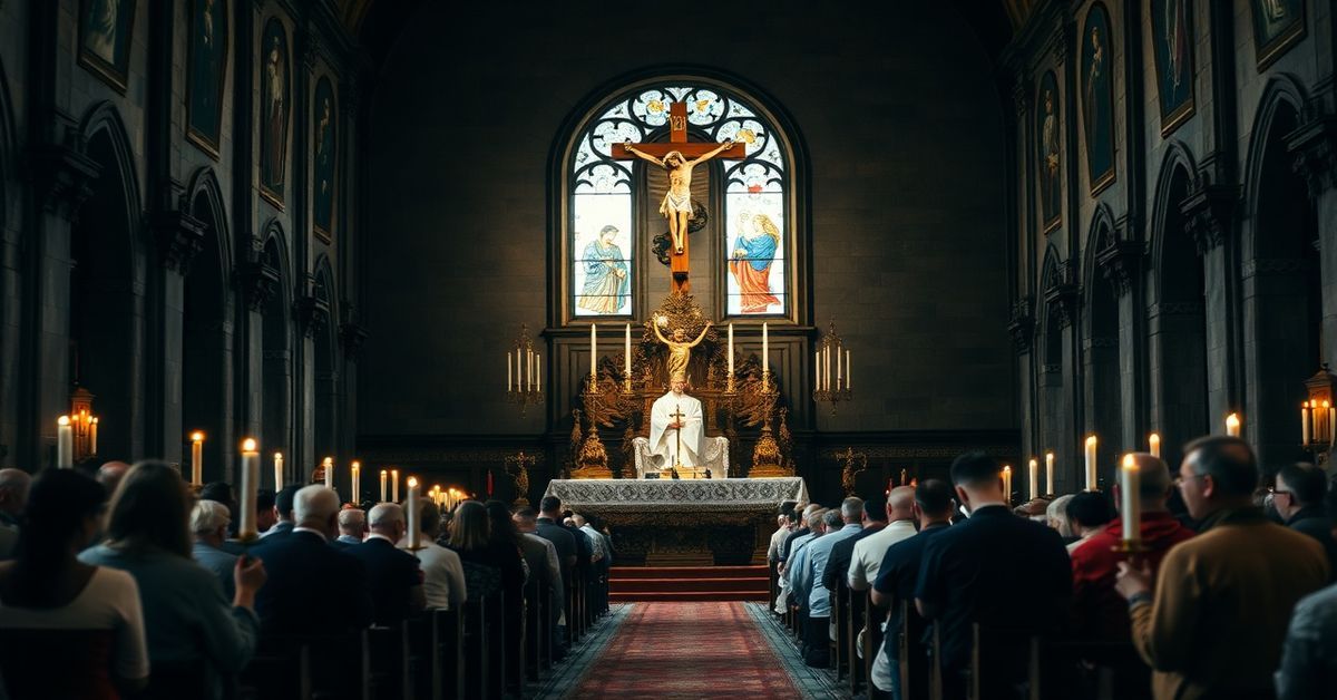 Tradycyjna msza św. w polskiej katedrze z grupą wiernych modlących się za prawdziwym pokojem w Królestwie Chrystusa.