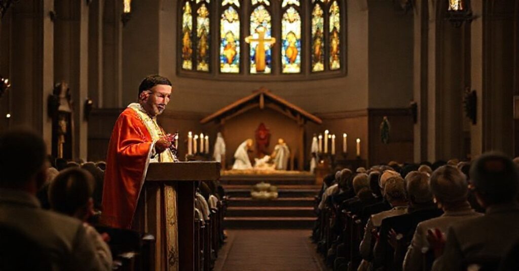 Katedra wrocławska podczas Mszy Pasterkowej z tradycyjnym ołtarzem i siedziąca tradycyjna katolicyczna wspólnota modlitw