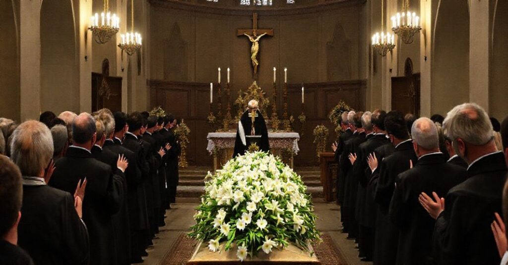 Wizerunek tradycyjnej mszy pogrzebowej w katolickiej kaplicy, z akcentem na eschatologię i modlitwę za zmarłych