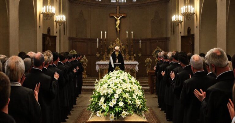 Wizerunek tradycyjnej mszy pogrzebowej w katolickiej kaplicy, z akcentem na eschatologię i modlitwę za zmarłych