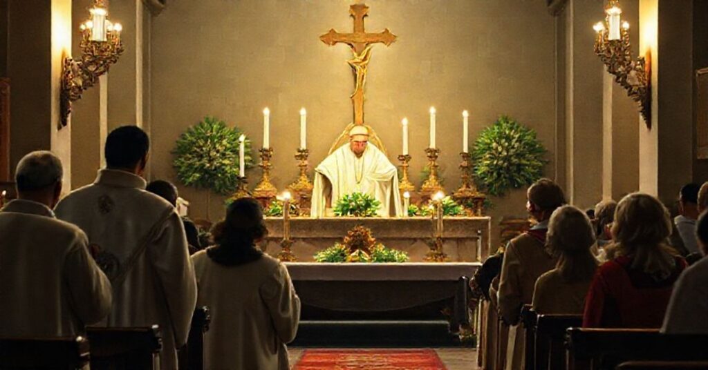 Tradycyjna msza pogrzebowa z kapłanem w pełnej stroju liturgicznym modlącego się przy ołtarzu z krzyżem i świecami.