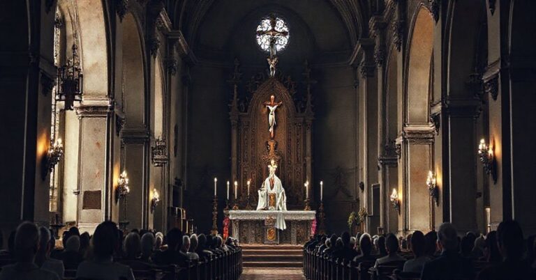 Tradycyjna katolicka msza requiem w historycznym kościele, z kapłanem w ornatach liturgicznych celebrującym u ołtarza, z małą grupą wiernych modlących się na ławkach. Scena jest melancholijna i poważna, z delikatnym świetlom cieni od świec, podkreślająca głęboką duchowość i świętość wydarzenia.