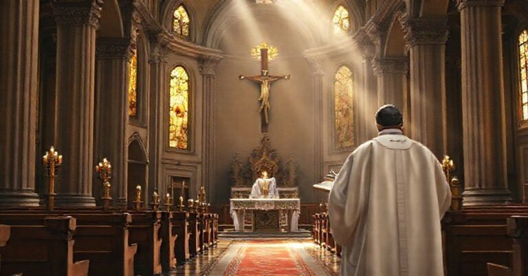 Tradycyjna msza św. w barokowym wnętrzu kościoła z kapłanem w białej ornaty i krucyfiksem na tle