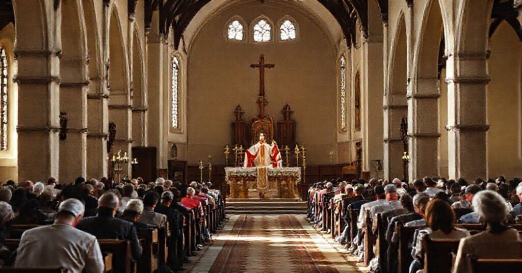 Tradycyjna msza św. w kościele katolickim - wierni modlą się podczas liturgii