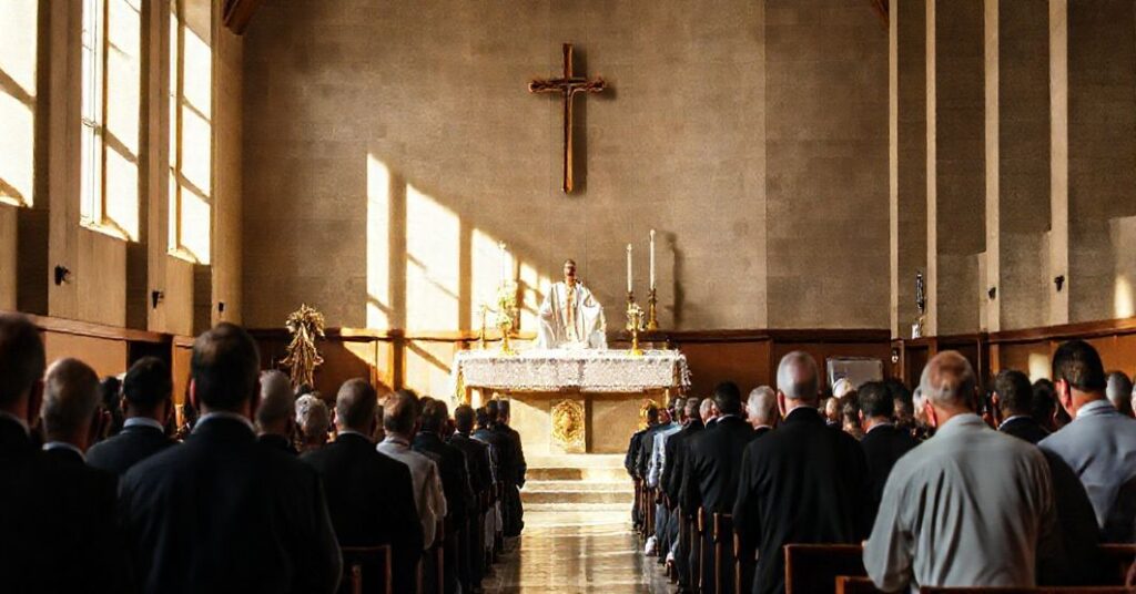 Sobór Watykański przedstawia tradycyjną mszę świętą z kapłanem i mężczyznami w modlitwie, podkreślając świętość ofiary eucharystycznej.