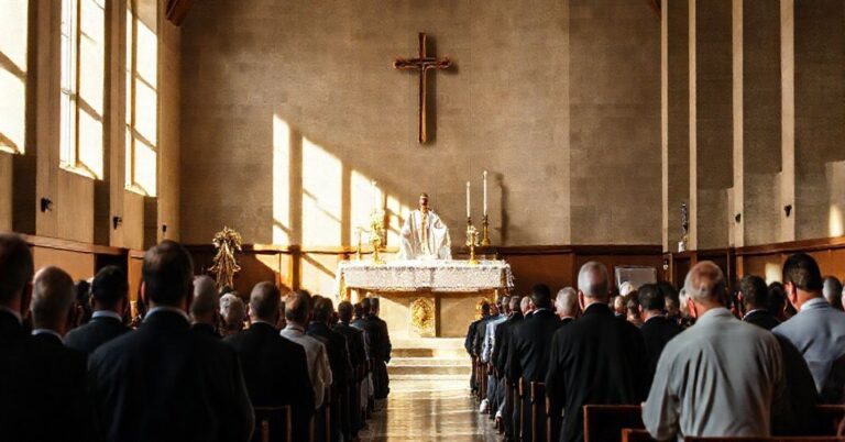 Sobór Watykański przedstawia tradycyjną mszę świętą z kapłanem i mężczyznami w modlitwie, podkreślając świętość ofiary eucharystycznej.