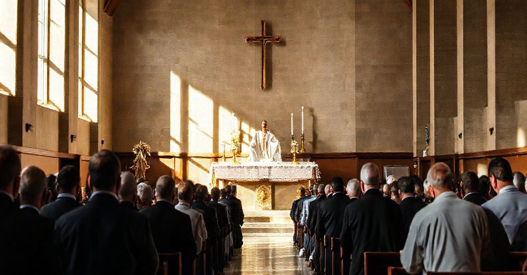 Sobór Watykański przedstawia tradycyjną mszę świętą z kapłanem i mężczyznami w modlitwie, podkreślając świętość ofiary eucharystycznej.