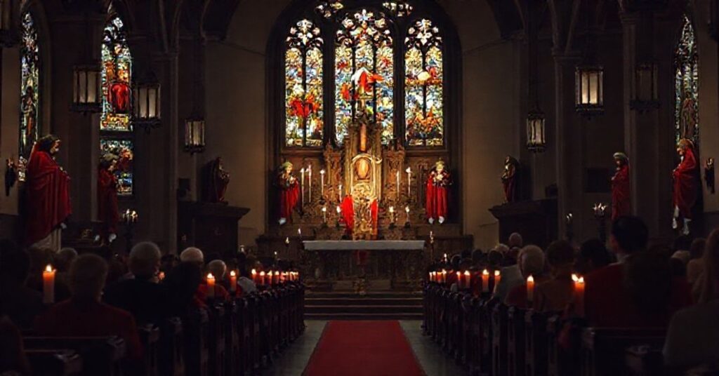 Cerkiew z ołtarzem w tradycyjnym stylu katolickim podczas Mszy św. w języku łacińskim