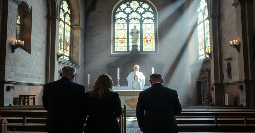 Scena tradycyjnej mszy Św. w Kościele katolickim z rodzina modlącą się za duszę zmarłej Marianny Zofii Pyl.